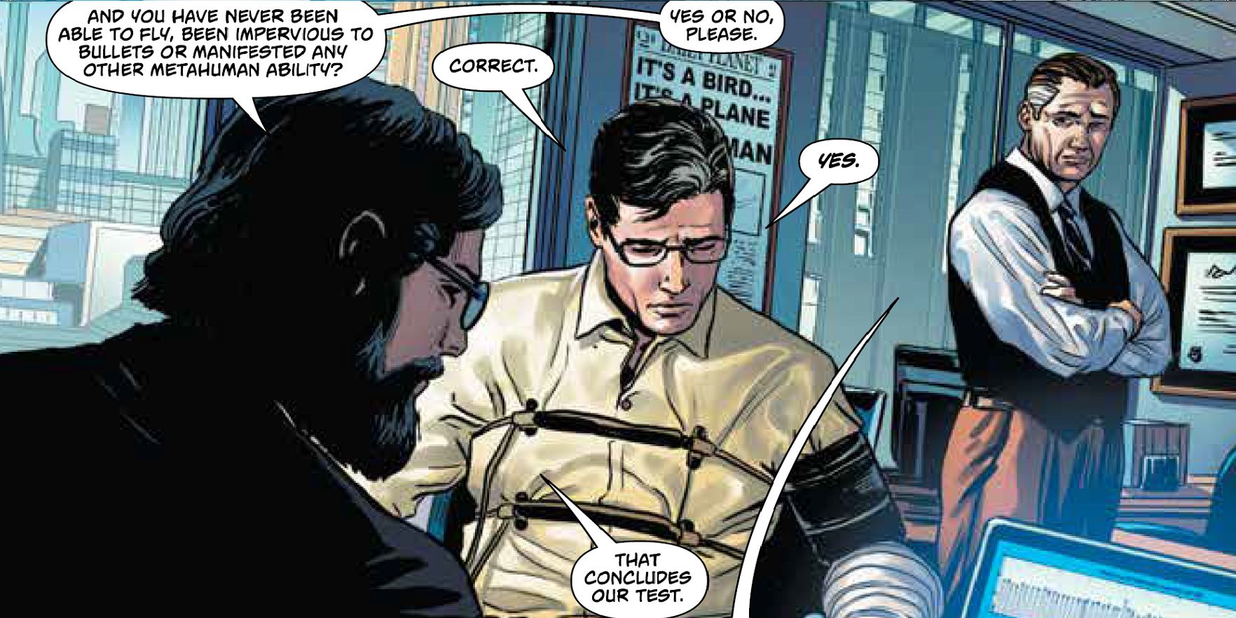 Clark takes a lie detector test . . . from Bruce Wayne?