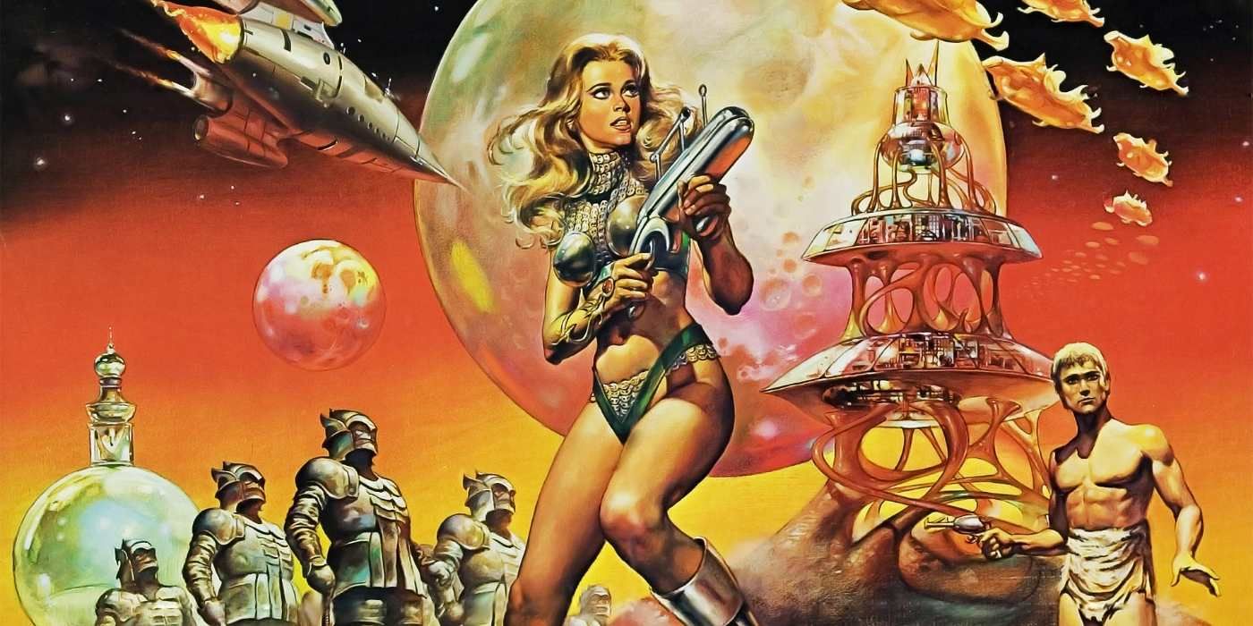 barbarellah holds a gun and alien planet is behind her