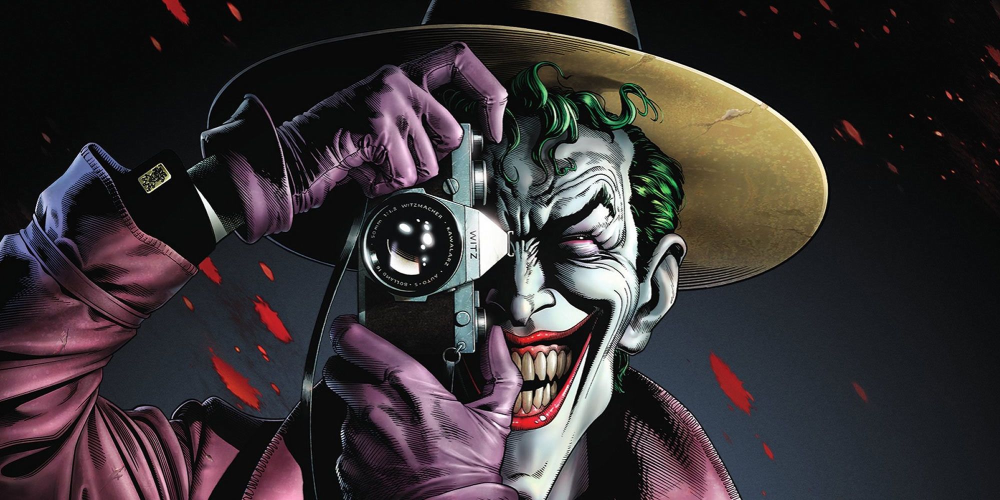 Joker holing a camera on the iconic Killing Joke cover.