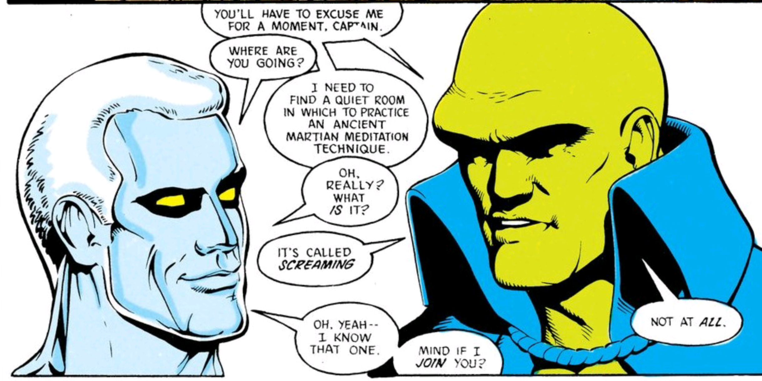 Captain Atom and J'Onn J'Onzz share a moment, from Justice League International