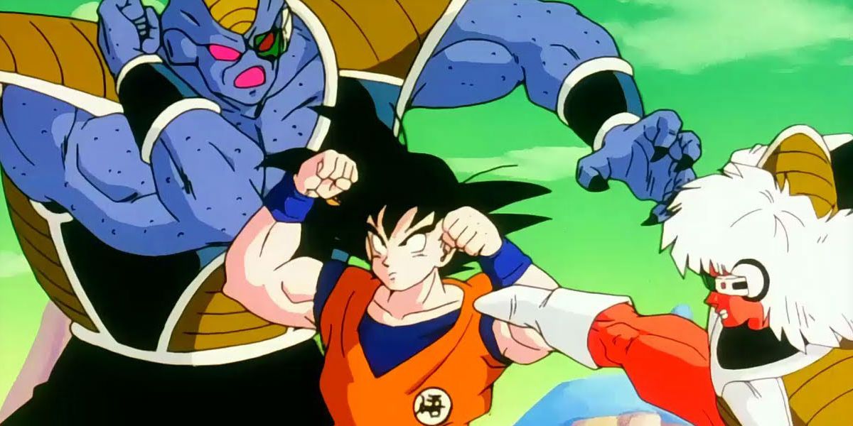 Goku fends off the Ginyu Force's Jeice and Burter in Dragon Ball Z