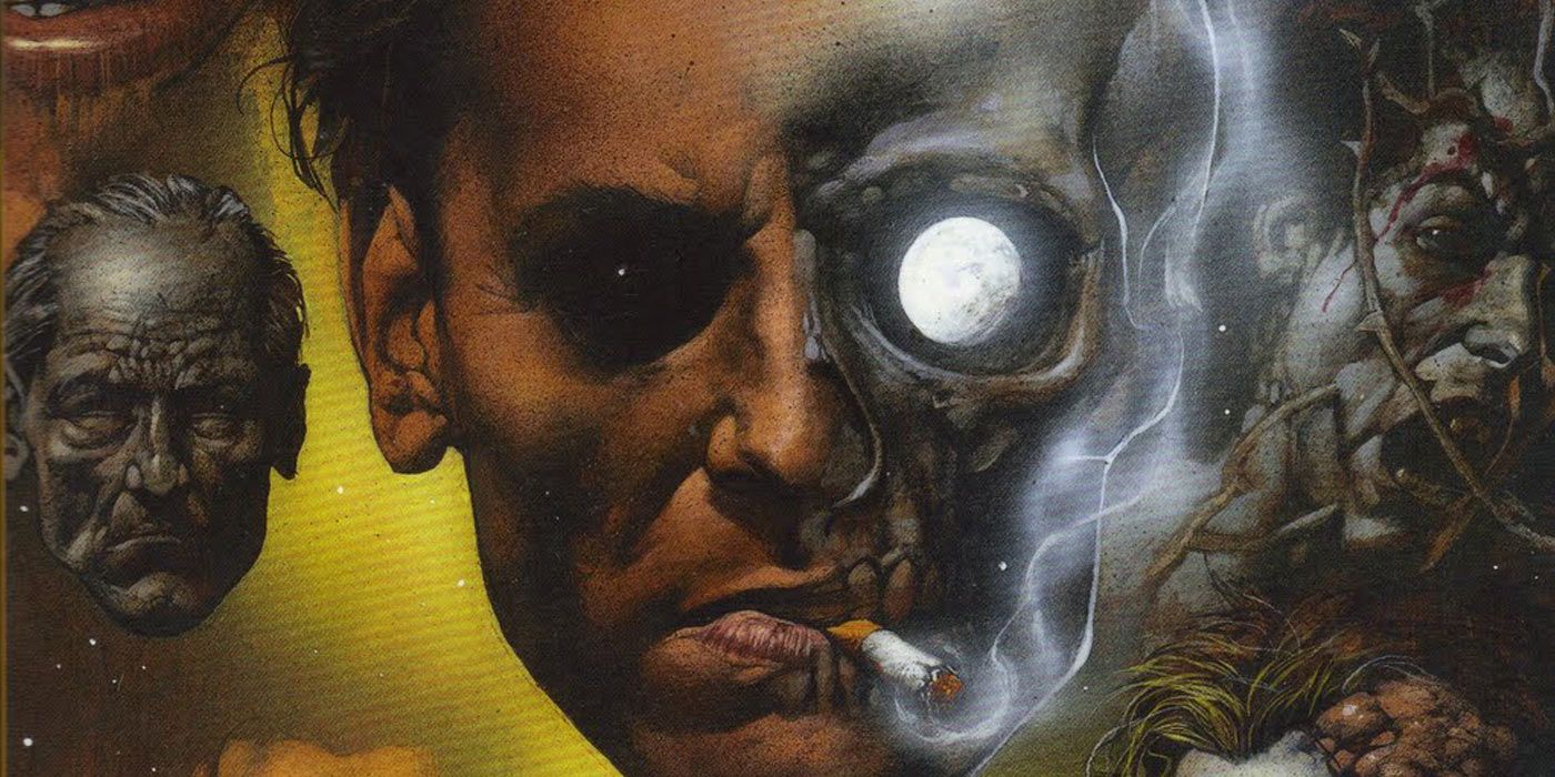 Constantine smoking with a skull replacing half his face in DC Comics Hellblazer