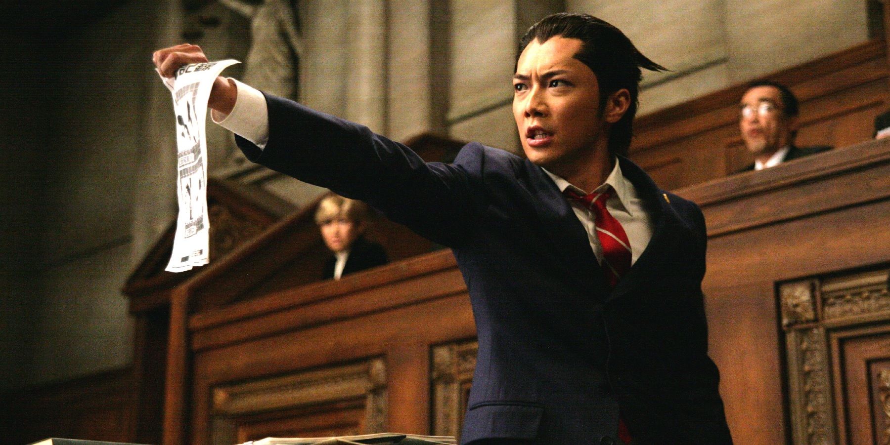 Phoenix Wright makes an objection during Takashi Miike's Ace Attorney movie.