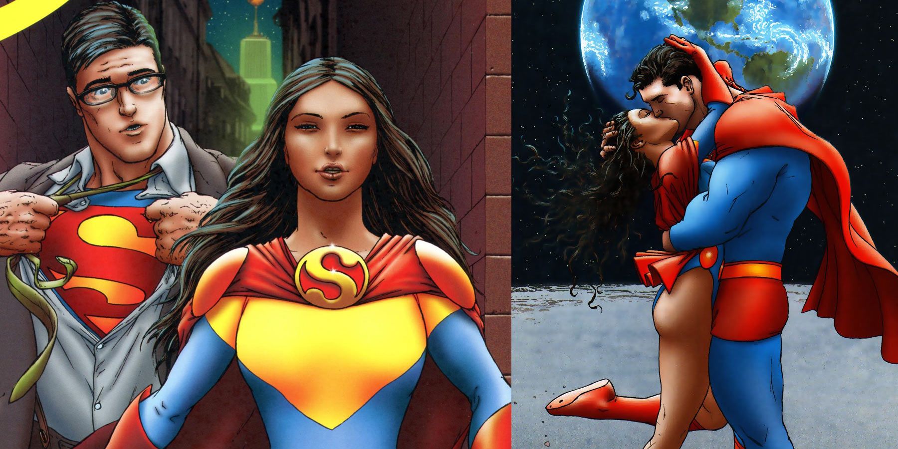 A split image of Lois Lane as Superwoman and of Lois Lane kissing All Star Superman