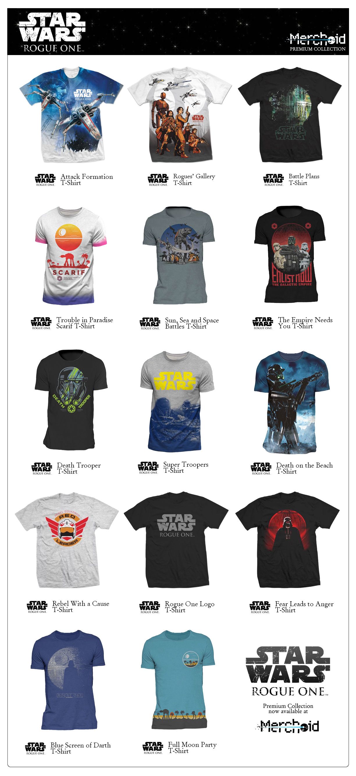 Full line of Merchoid Rogue One shirts