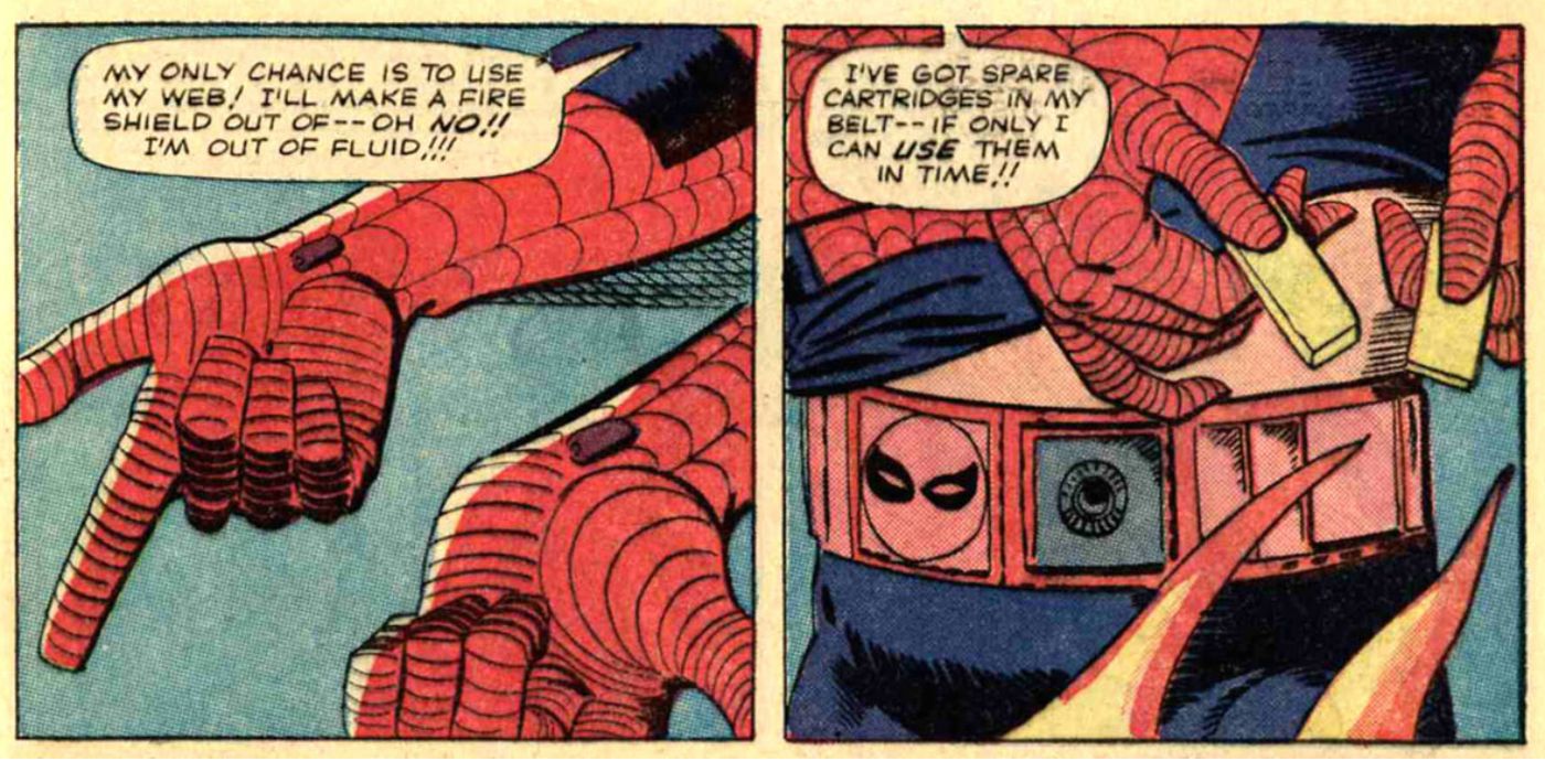 Spider-Man about to refill his Web-Shooters from Spider-Man comic.