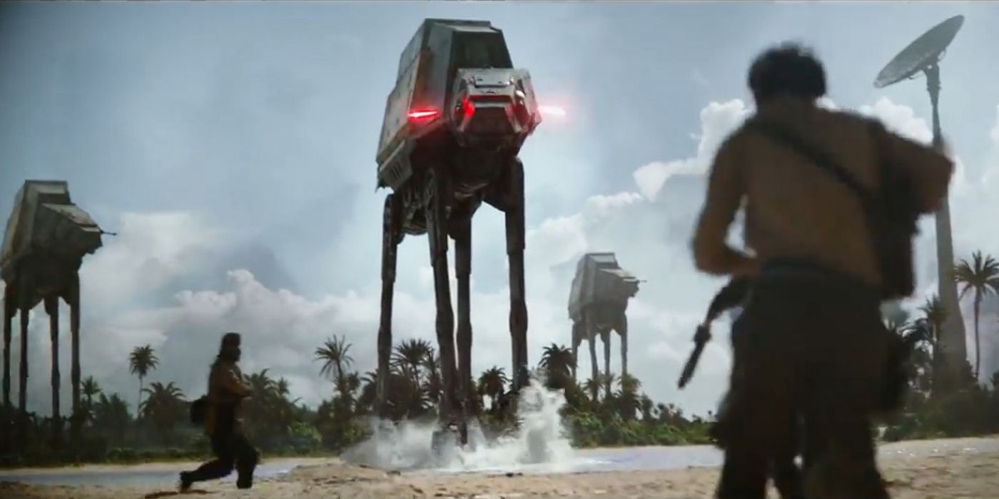 Rebel soldiers confront Imperial AT-ACT walkers in Rogue One: A Star Wars Story