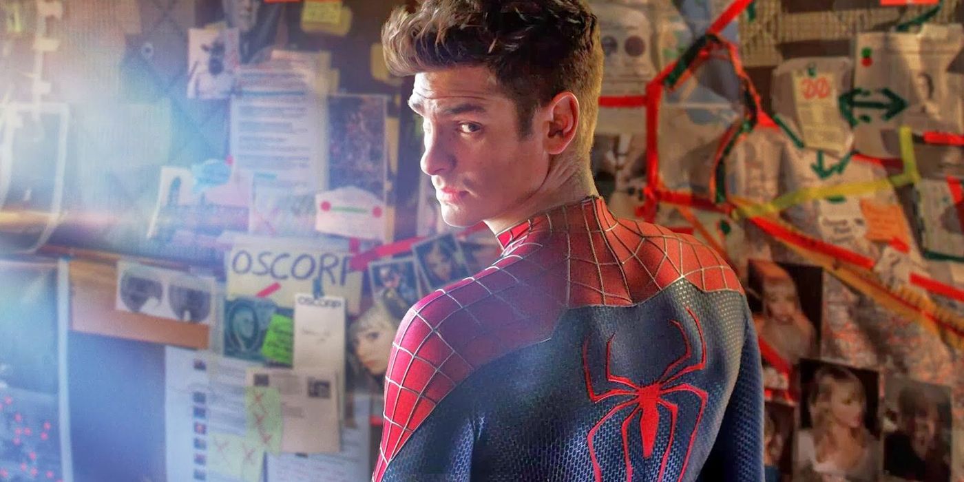 Andrew Garfield as Peter Parker stands in front of a wall covered in newspapers in The Amazing Spider-Man 2