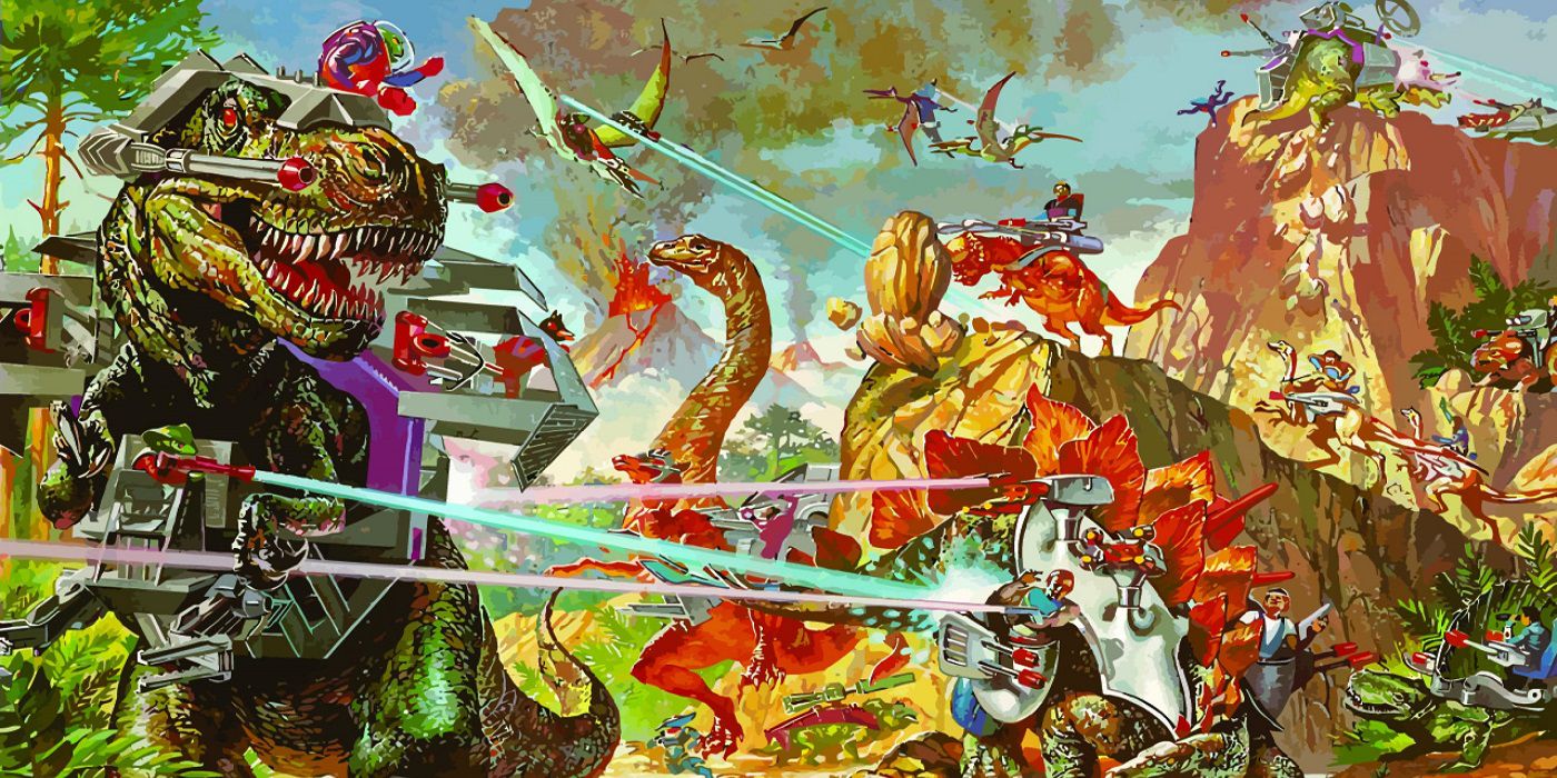 Art depicting the prehistoric sci-fi war that takes place in Dino-Riders, which includes dinosaurs draped in armor
