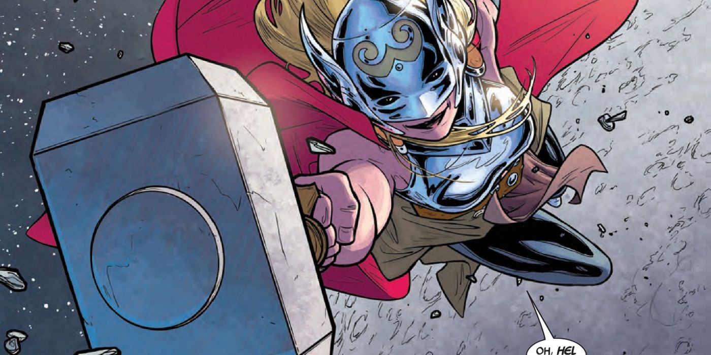An image of Jane Foster's Thor flying with Mjolnir