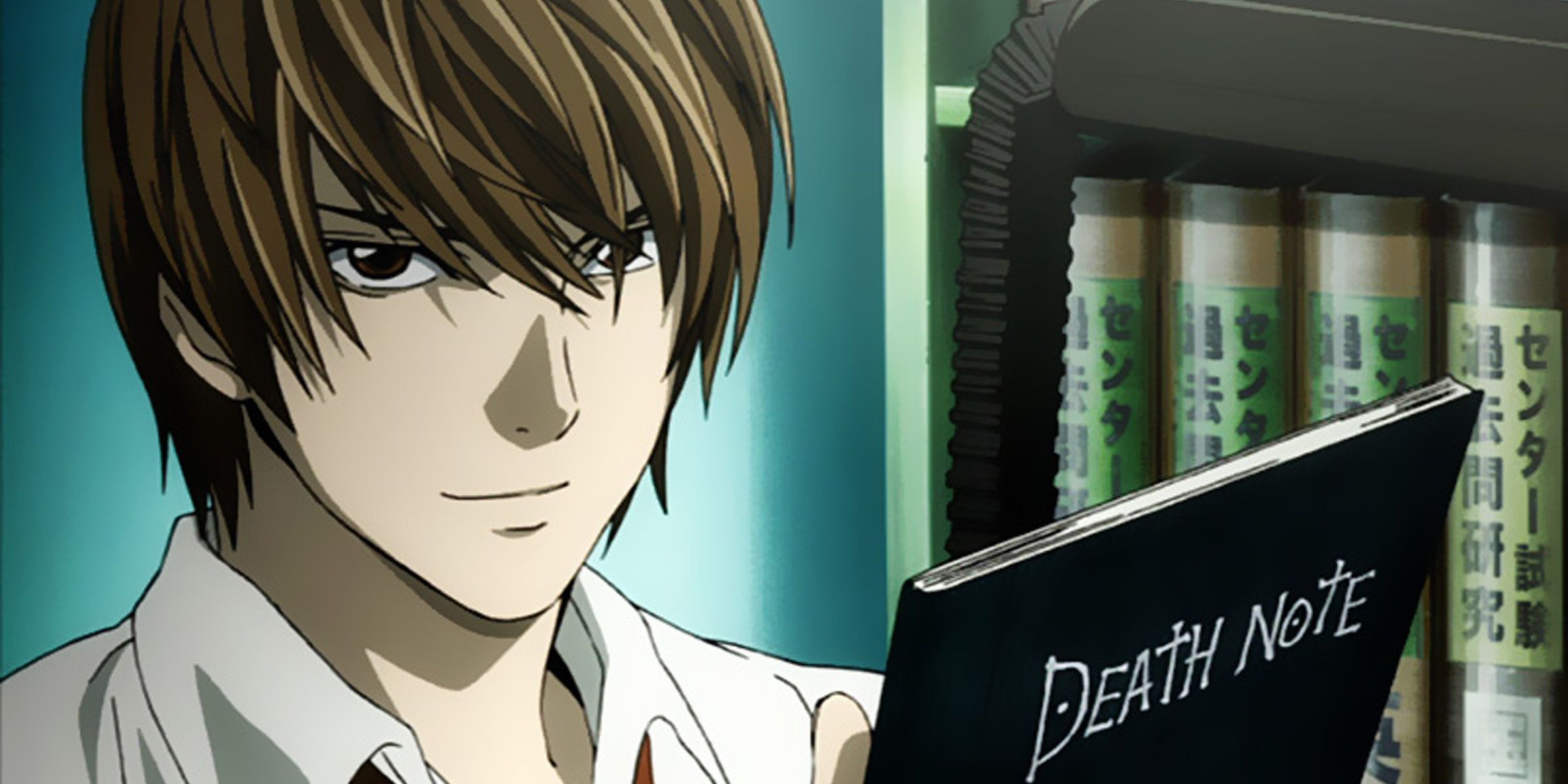 Light Yagami smirks as he holds his patented Death note