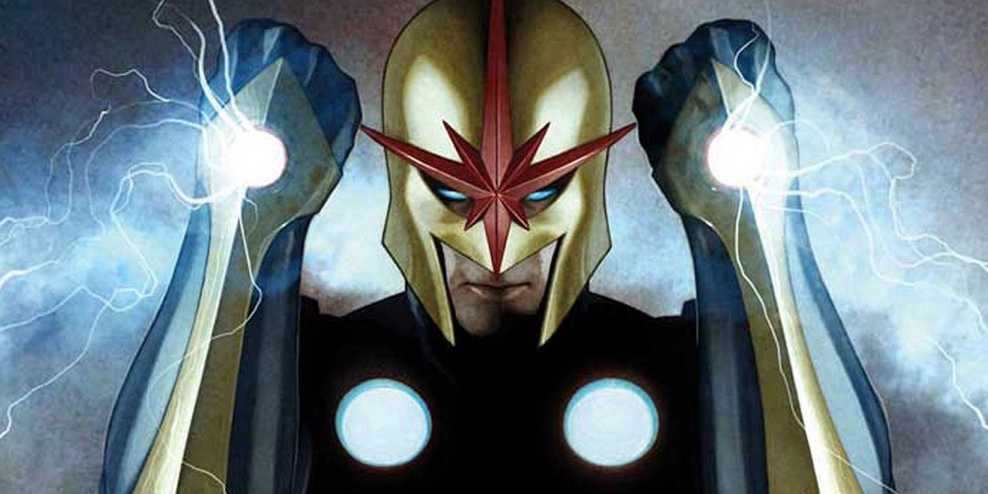 Richard Rider as Nova in a page from Marvel Comics wearing a helmet.