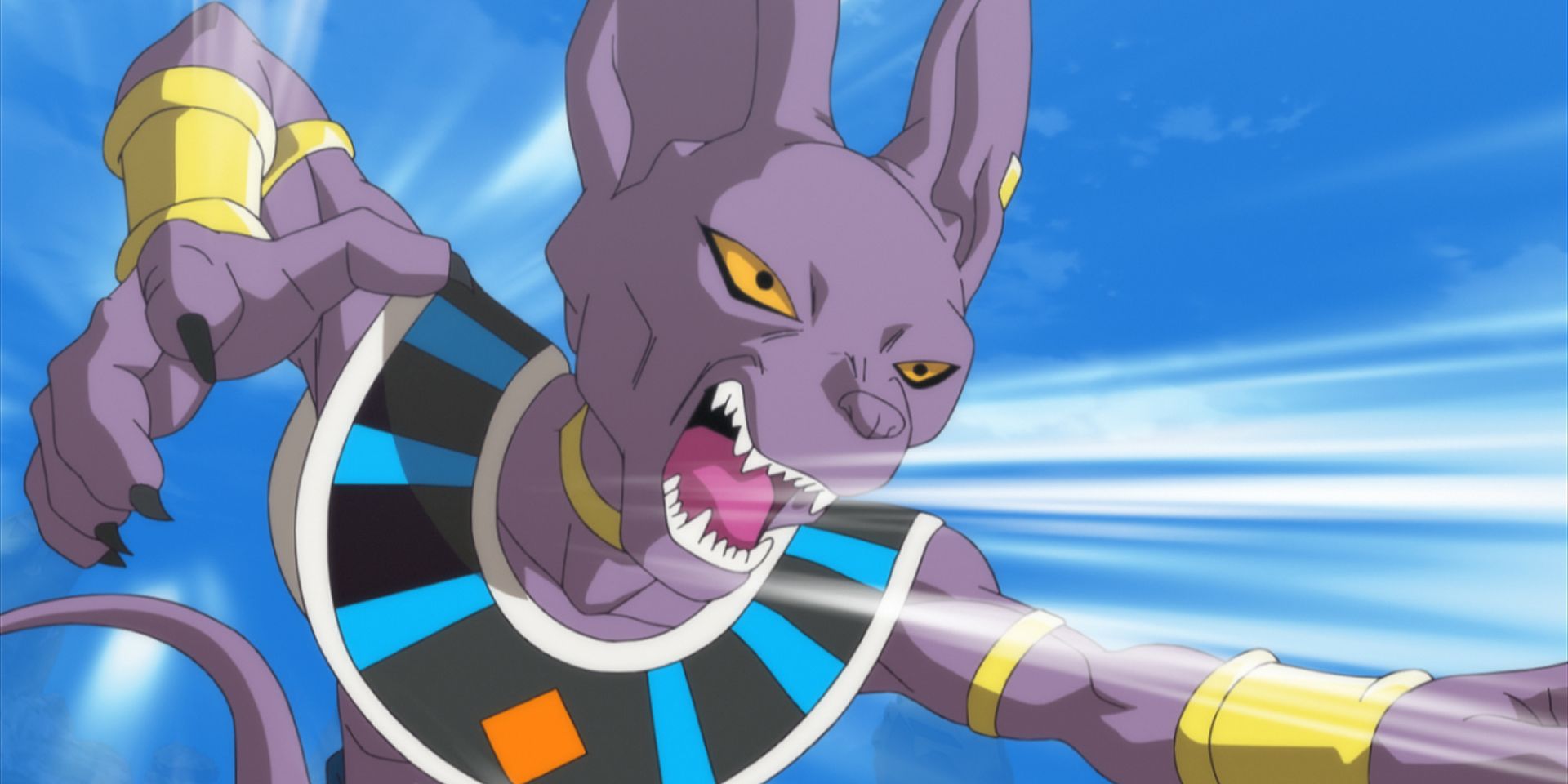 Beerus ferociously striking Goku in Dragon Ball Super
