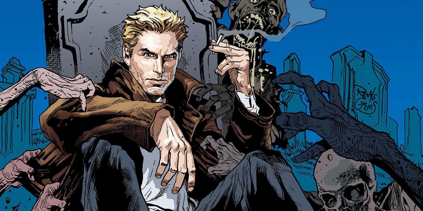 John Constantine sitting and smoking a French Silk in a graveyard in DC Comics