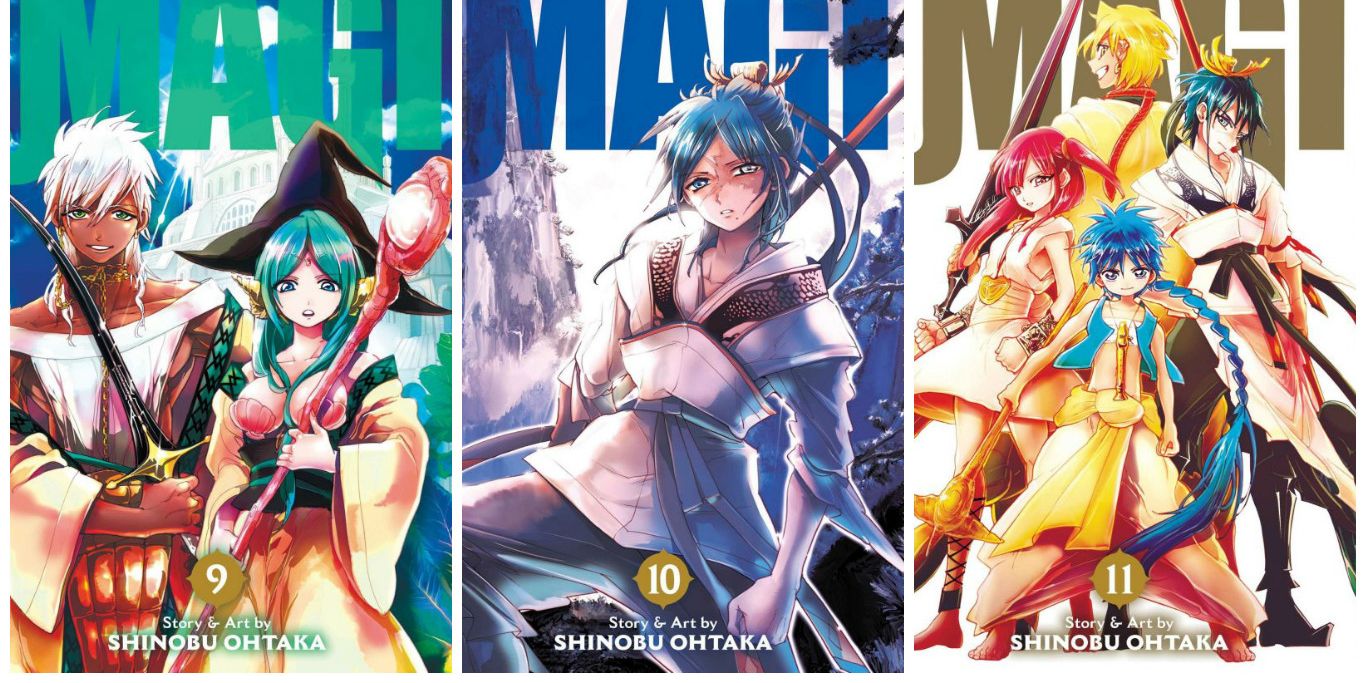 magi manga covers for volumes 9, 10, and 11