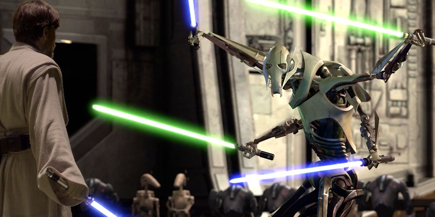 Obi-Wan Kenobi faces off against General Grievous in a lightsaber duel in Star Wars: Revenge of the Sith