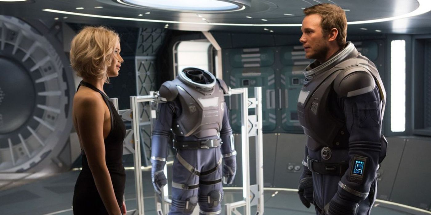 Chris Pratt and Jennifer Lawrence stare at each other in Passengers.