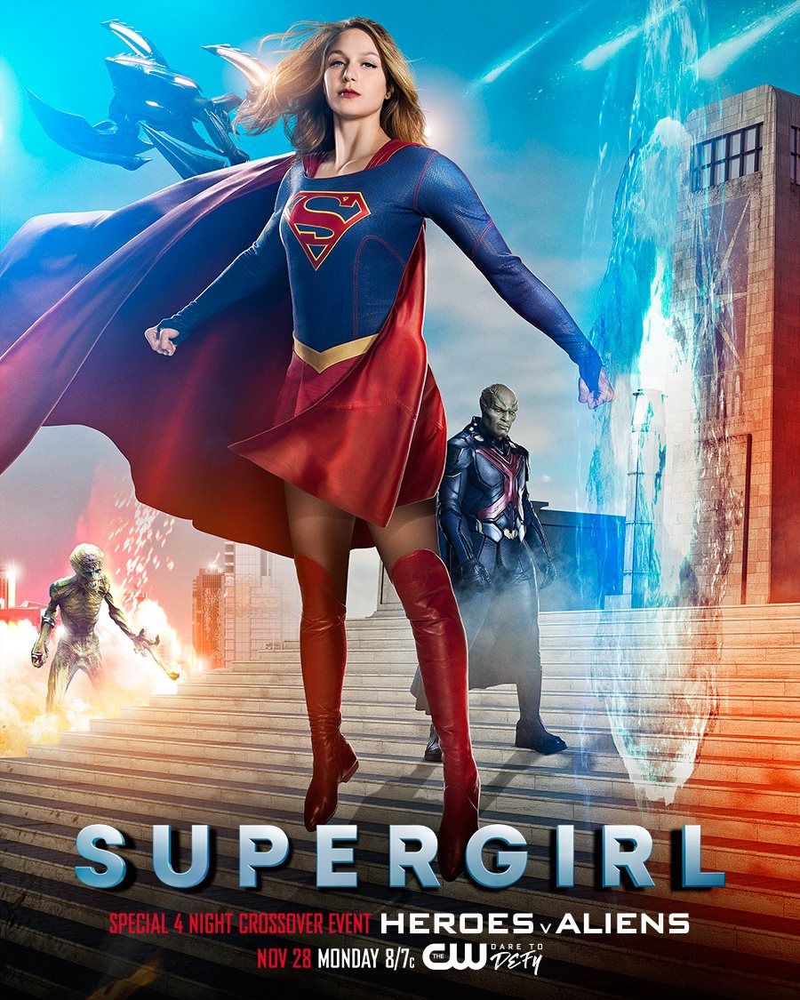Supergirl and Martian Manhunter seem pretty unfazed by the Dominator lurking in the background.