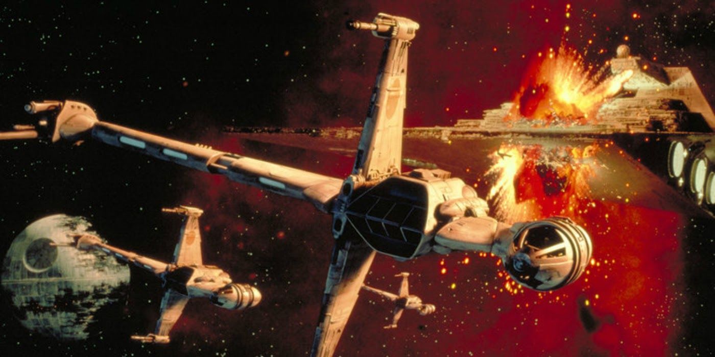Rebel B-Wing fighters after bombing a Star Destroyer.