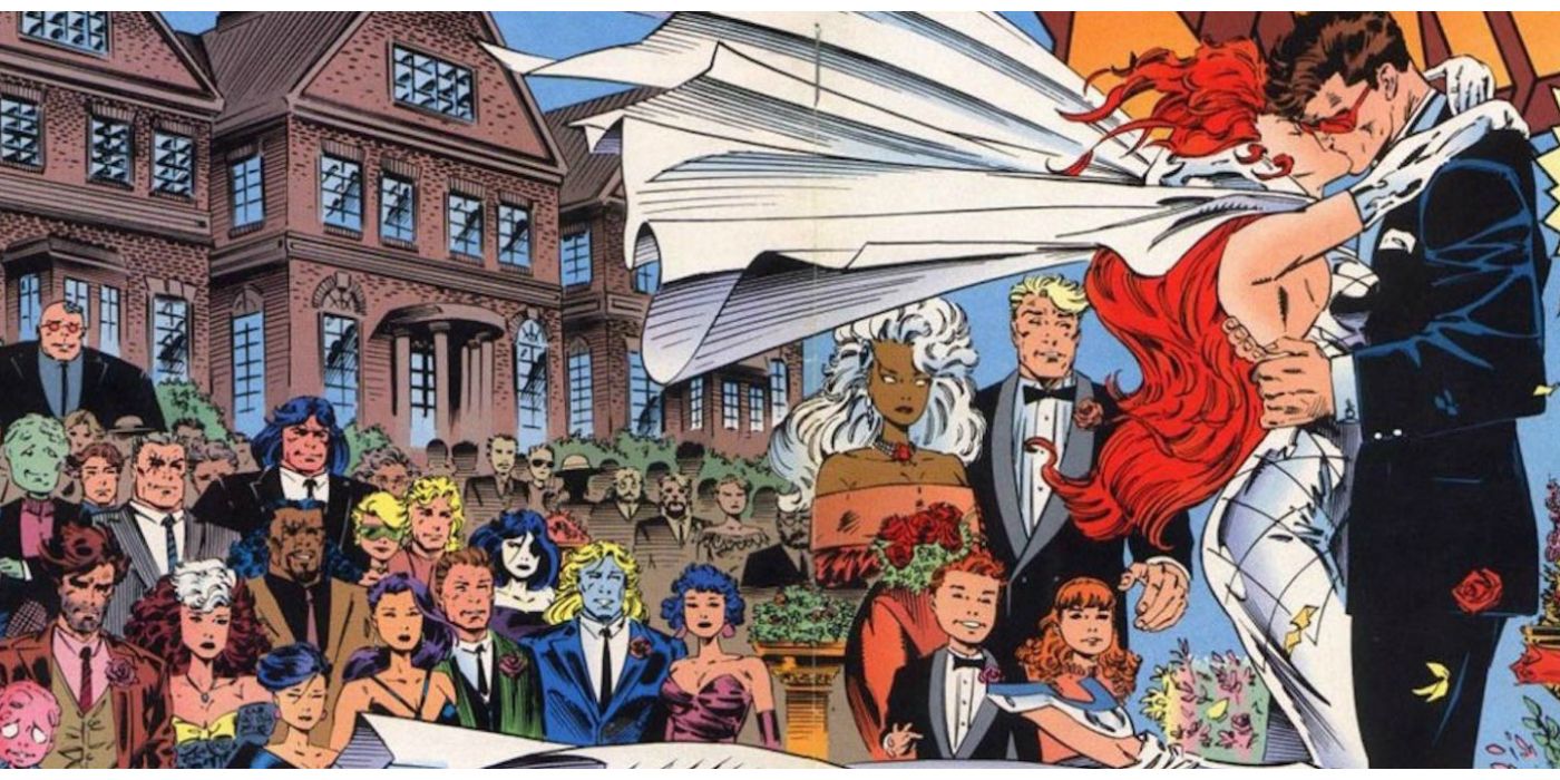 An image of Cyclops and Jean kiss at their wedding.