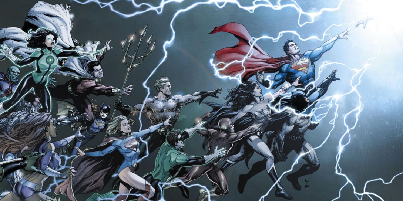 A group of superheroes lunging upward toward lighning, led by Superman, in DC: Rebirth #1.