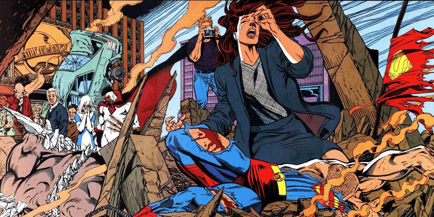 Lois Lane cries over a dead Superman