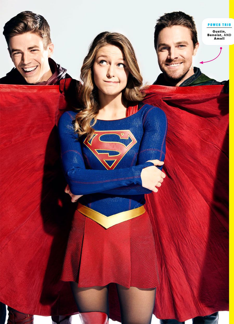 Grant Gustin, Stephen Amell and Melissa Benoist pal around behind the scenes.