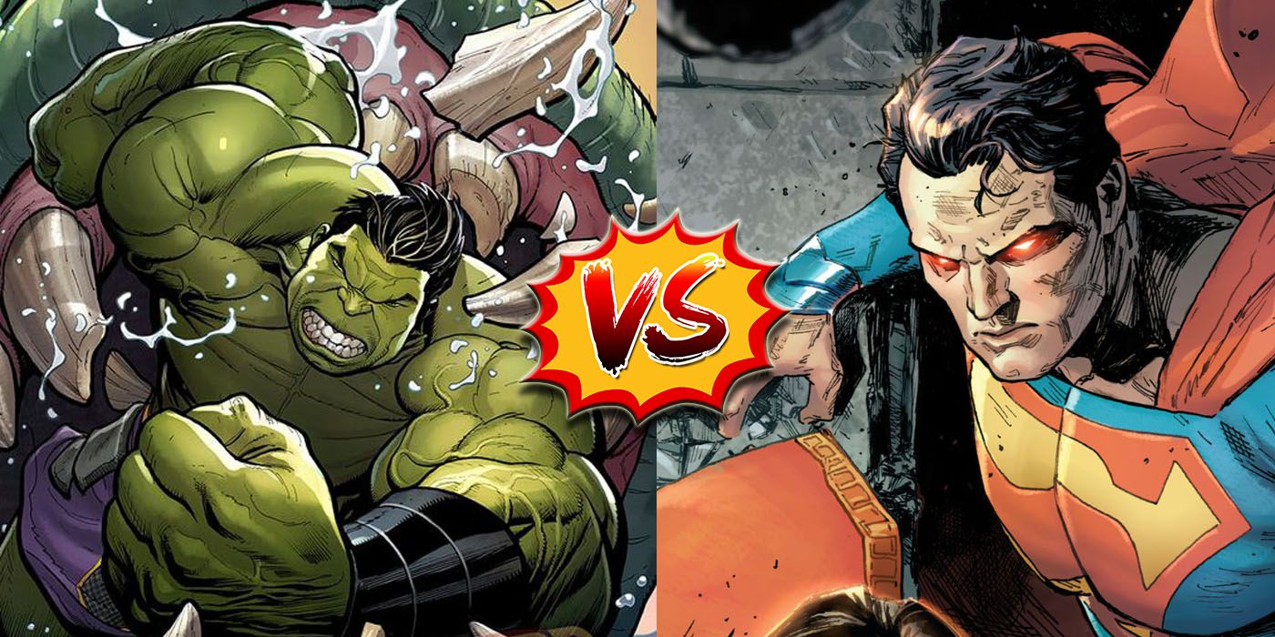 A split image of the Hulk fighting a creature and Superman with his eyes glowing