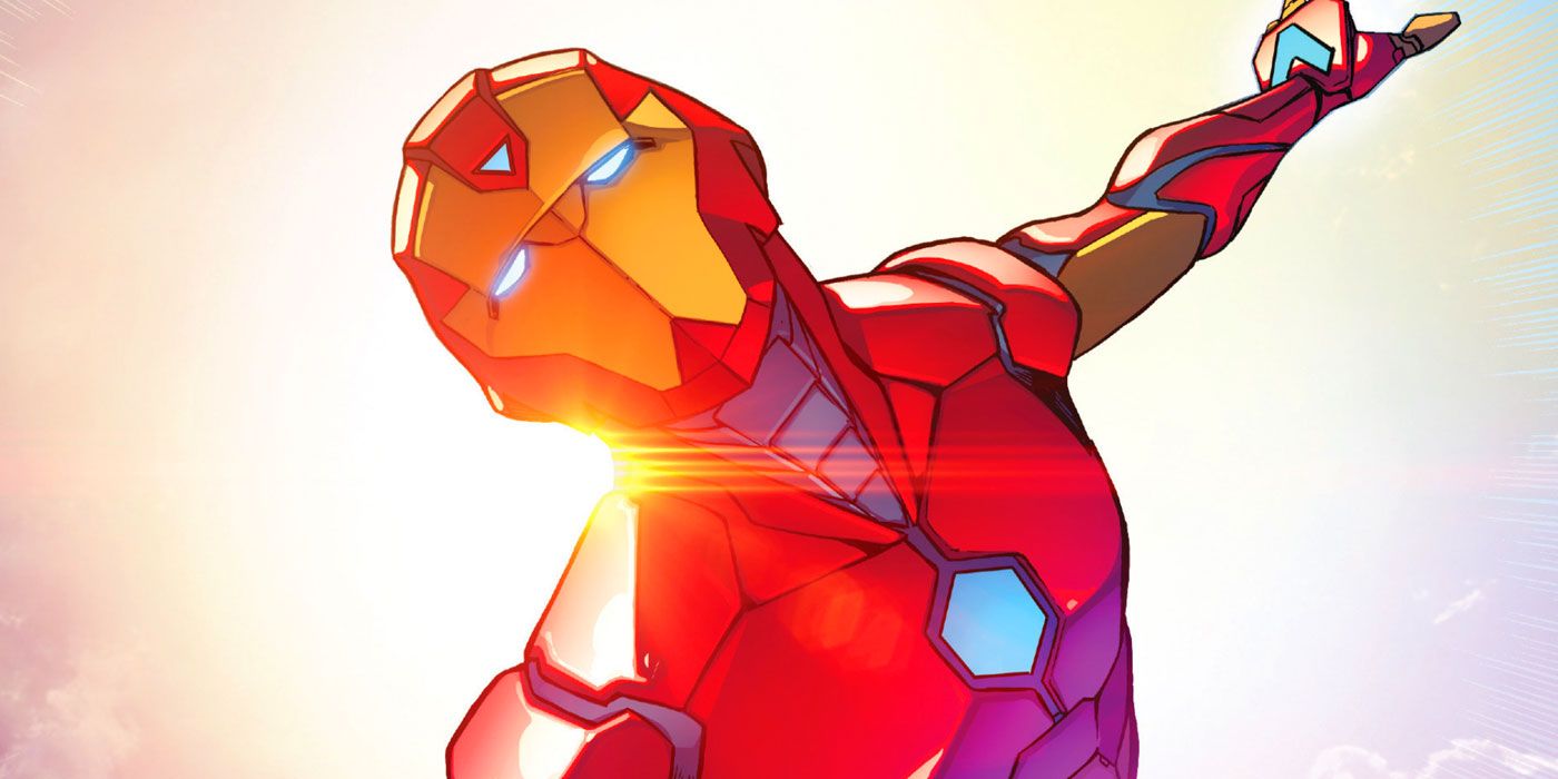 An image of Riri Williams flying in her Ironheart armor