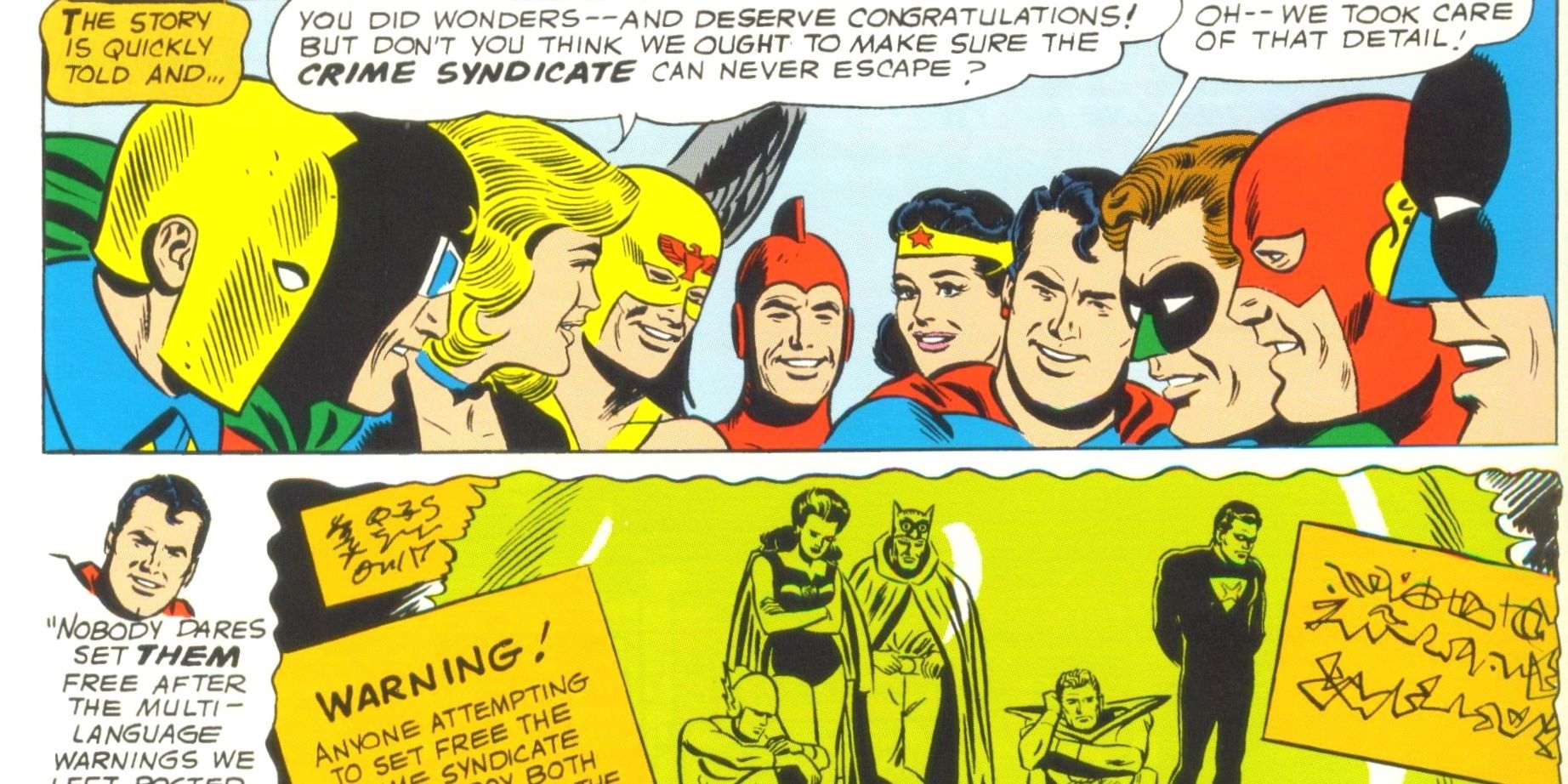 An image of the JLA and JSA putting away the Crime Syndicate, from 1964's JLA #30