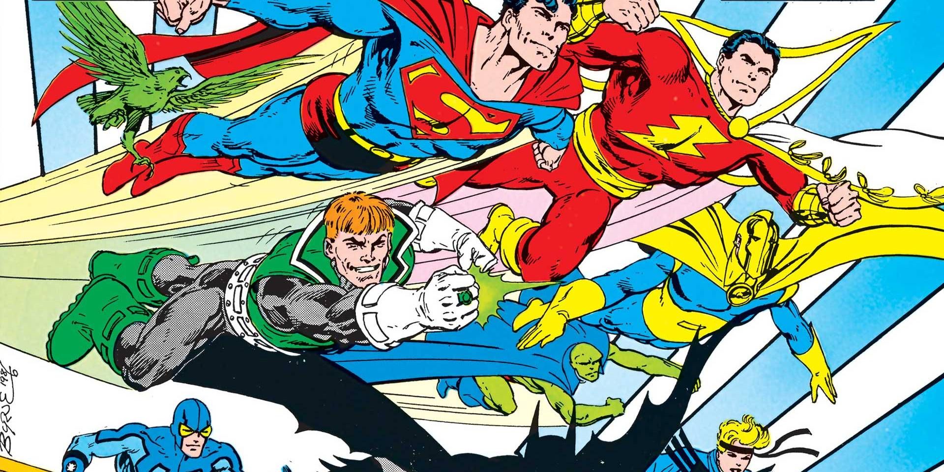 Superman et d'autres héros volant dans DC Comics.
