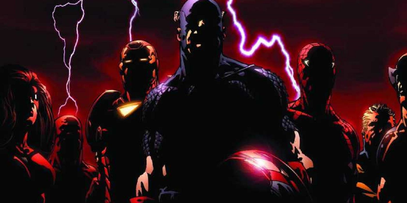 Captain America, Iron Man, and the Avengers in a dark storm