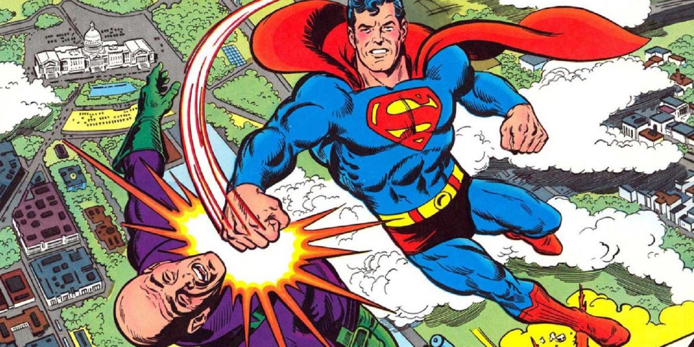 Superman punches Lex Luthor high in the sky in DC Comics
