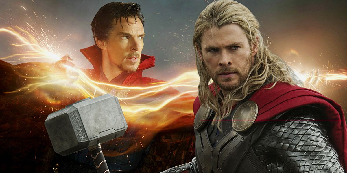 Thor holding his Mjölnir is juxtaposed with Doctor Strange using magic