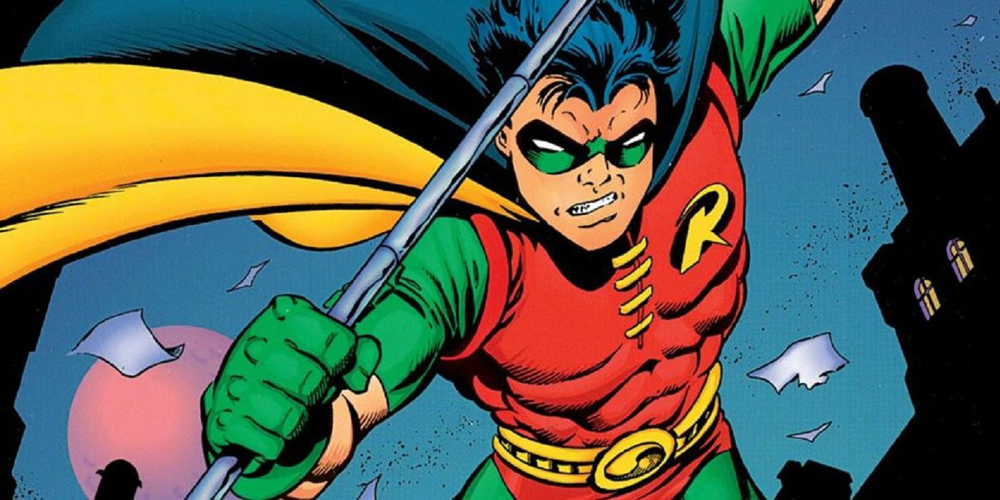 An image of Tim Drake as Robin running with his staff in DC Comics