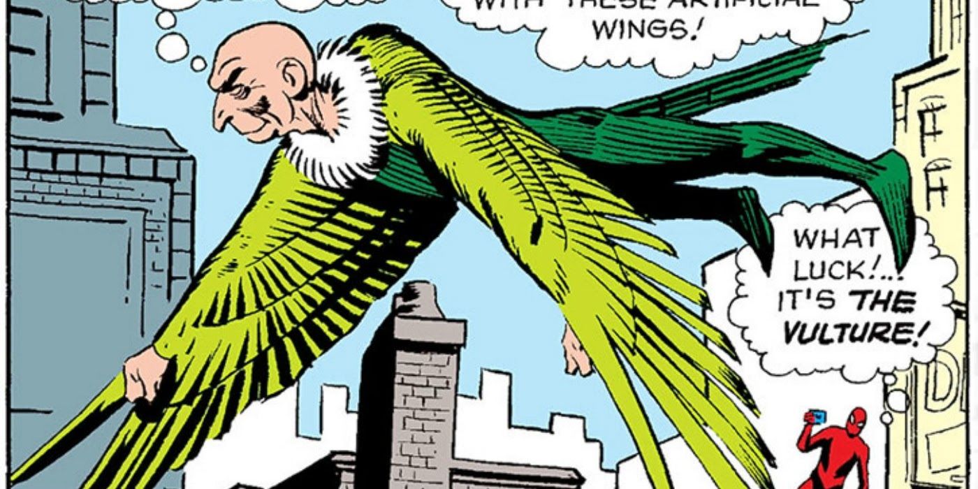 Vulture flying with Spiderman looking on in Marvel Comics.