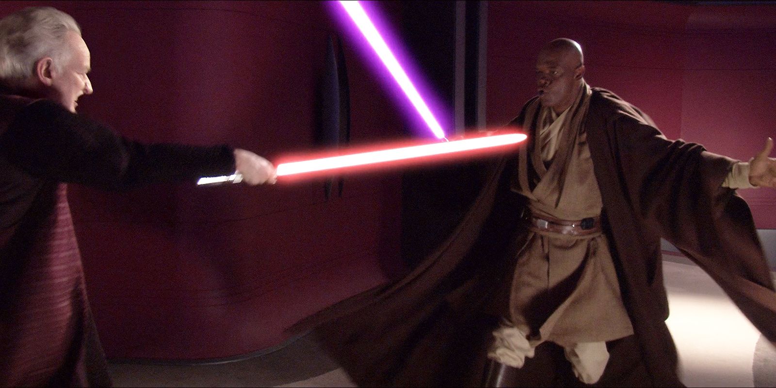 Mace Windu engages Chancellor Palpatine in a lightsaber duel in Revenge of the Sith