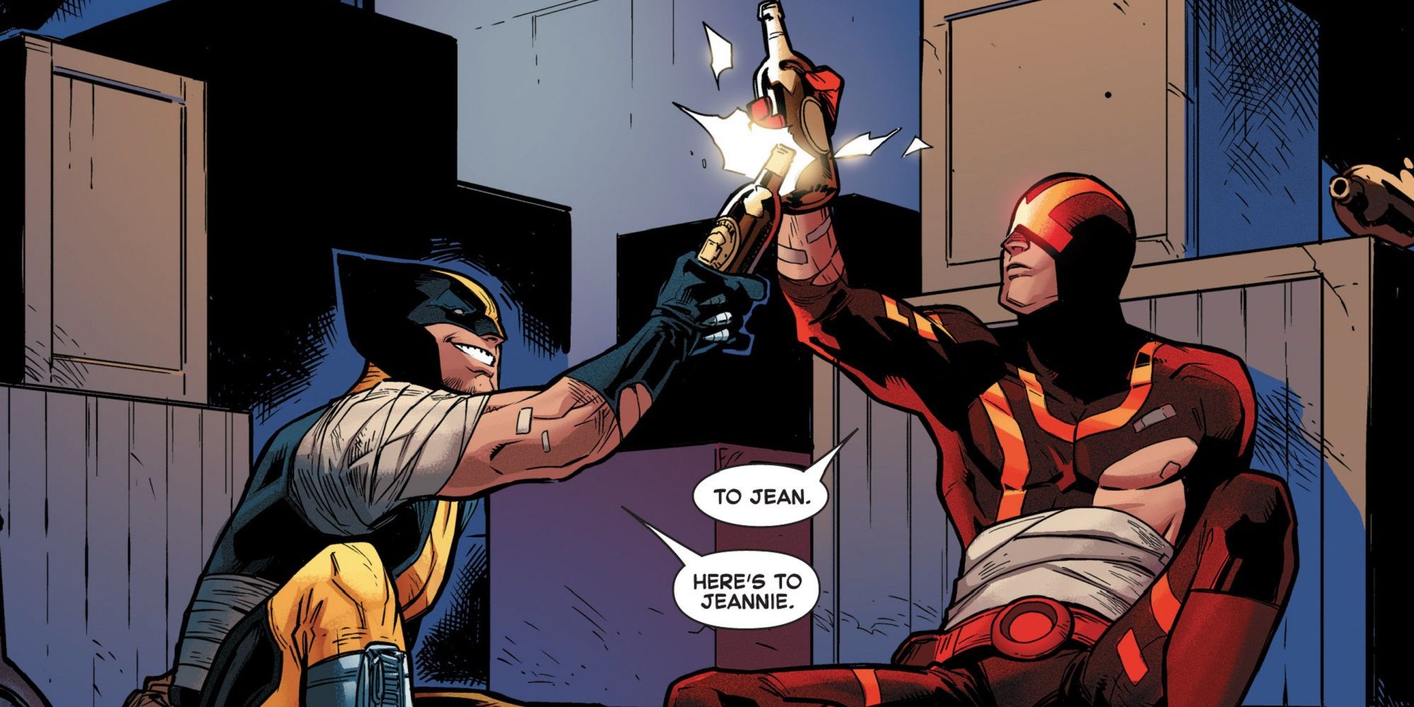 Wolverine and Cyclops bandaged up and toasting to Jean Grey