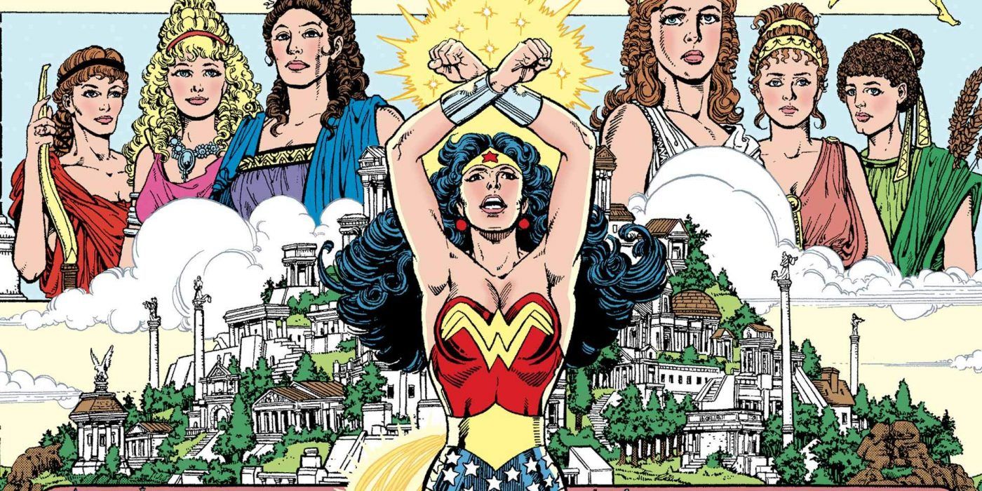 An image of Wonder Woman with Themyscira behind her, drawn by George Perez