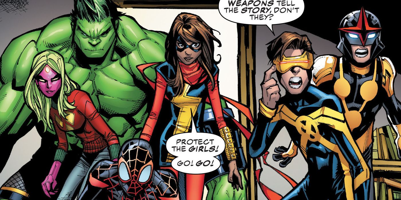 Kamala Khan leads the Champions on a mission, featuring (left to right), Viv Vision, Totally Awesome Hulk, Miles Morales, Ms. Marvel, Cyclops (teen), and Sam Alexander