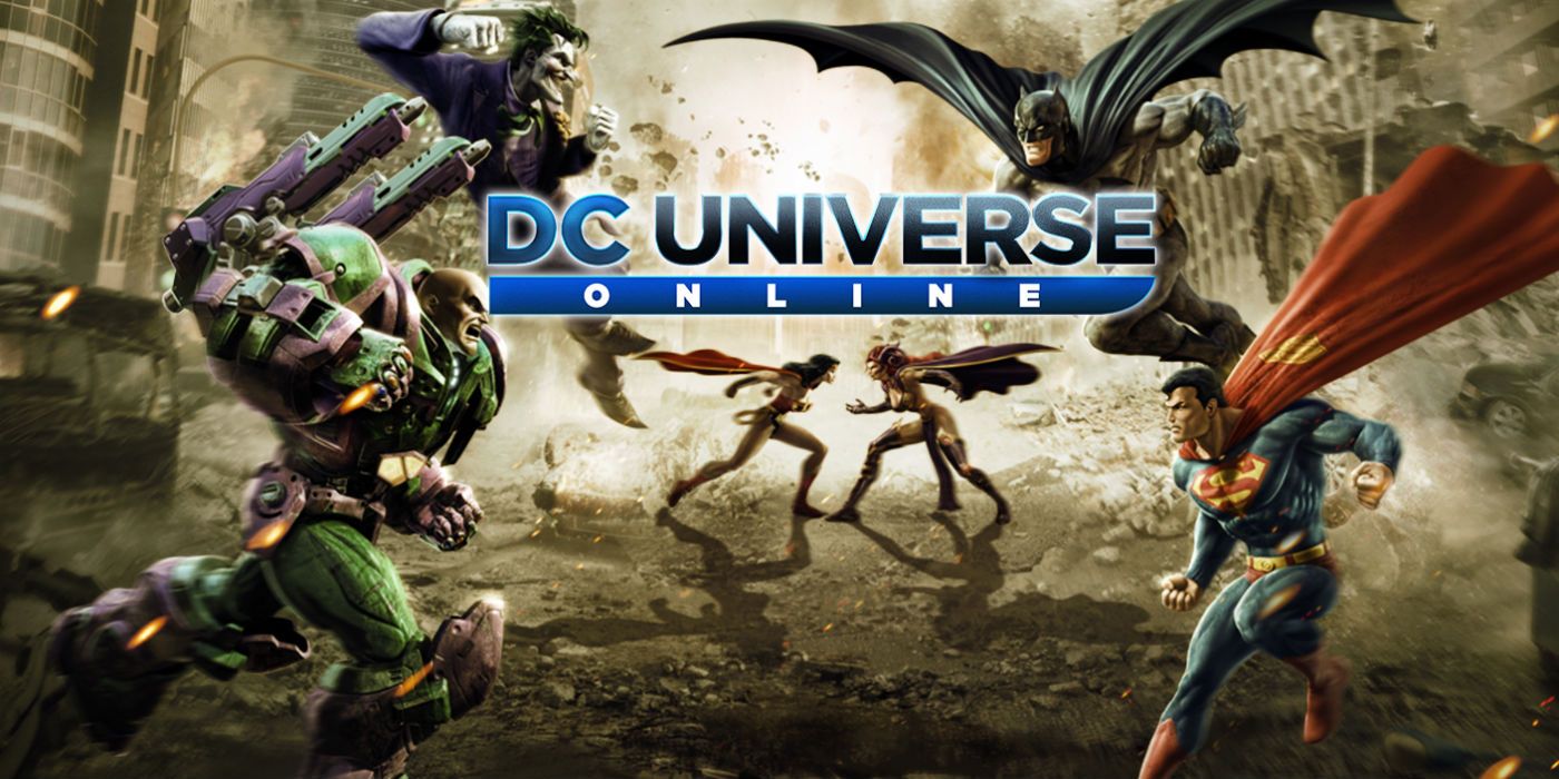 DC universe online a scene of batman, superman, and wonder woman fighting the joker, lex luthor, and circi