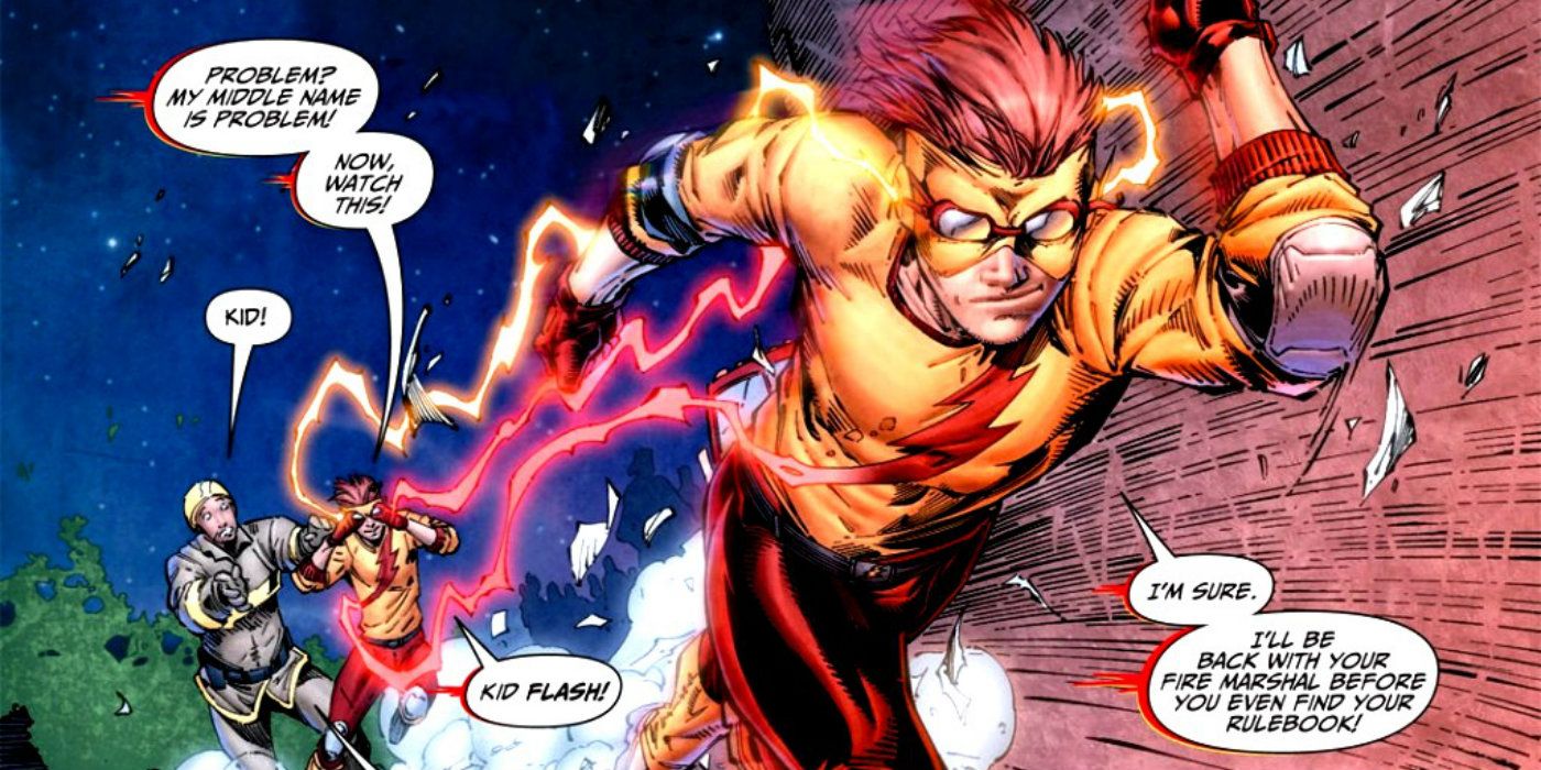 Bart Allen/Kid Flash running to save a fire marshal in DC Comics.
