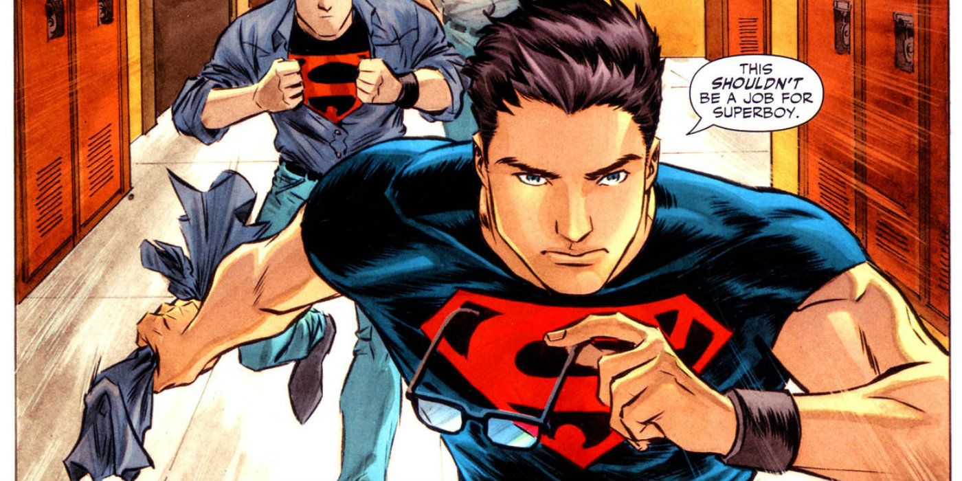 Conner Kent changes into his Superboy costume