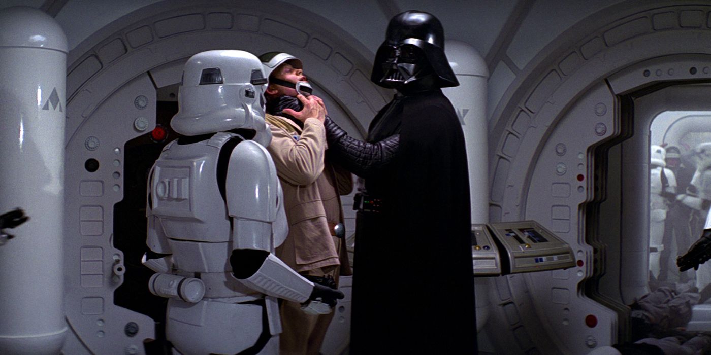 darth vader is choking a rebel in star wars