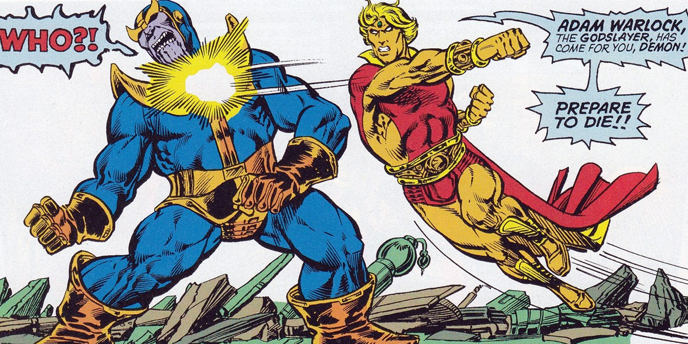 Adam Warlock punching Thanos in thier first encounter