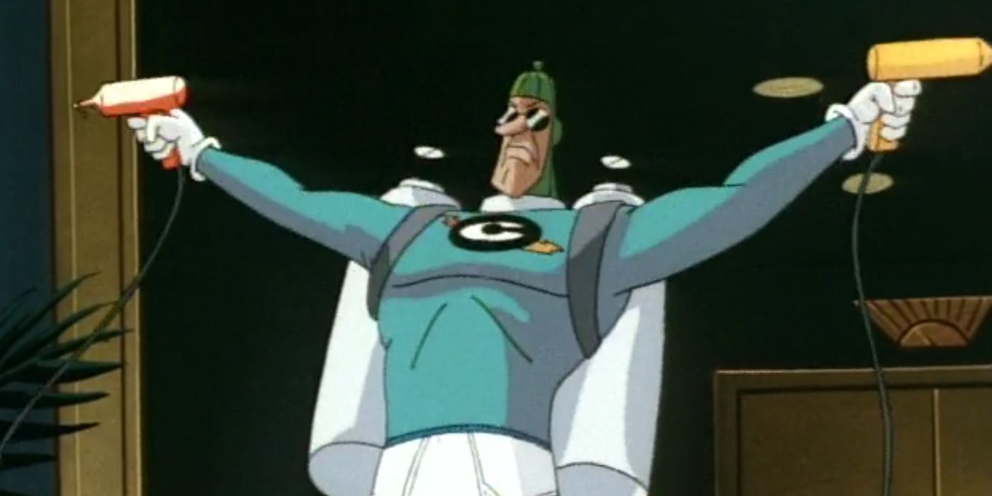 The Condiment King aims his ketchup and mustard guns in Batman: The Animated Series.