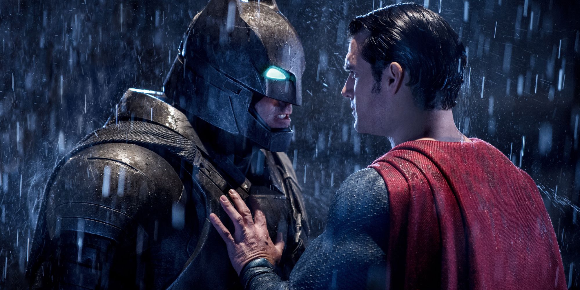 DCEU Batman Vs Superman, Batman In His Armored Suit Stares Down Superman As The Rain Falls