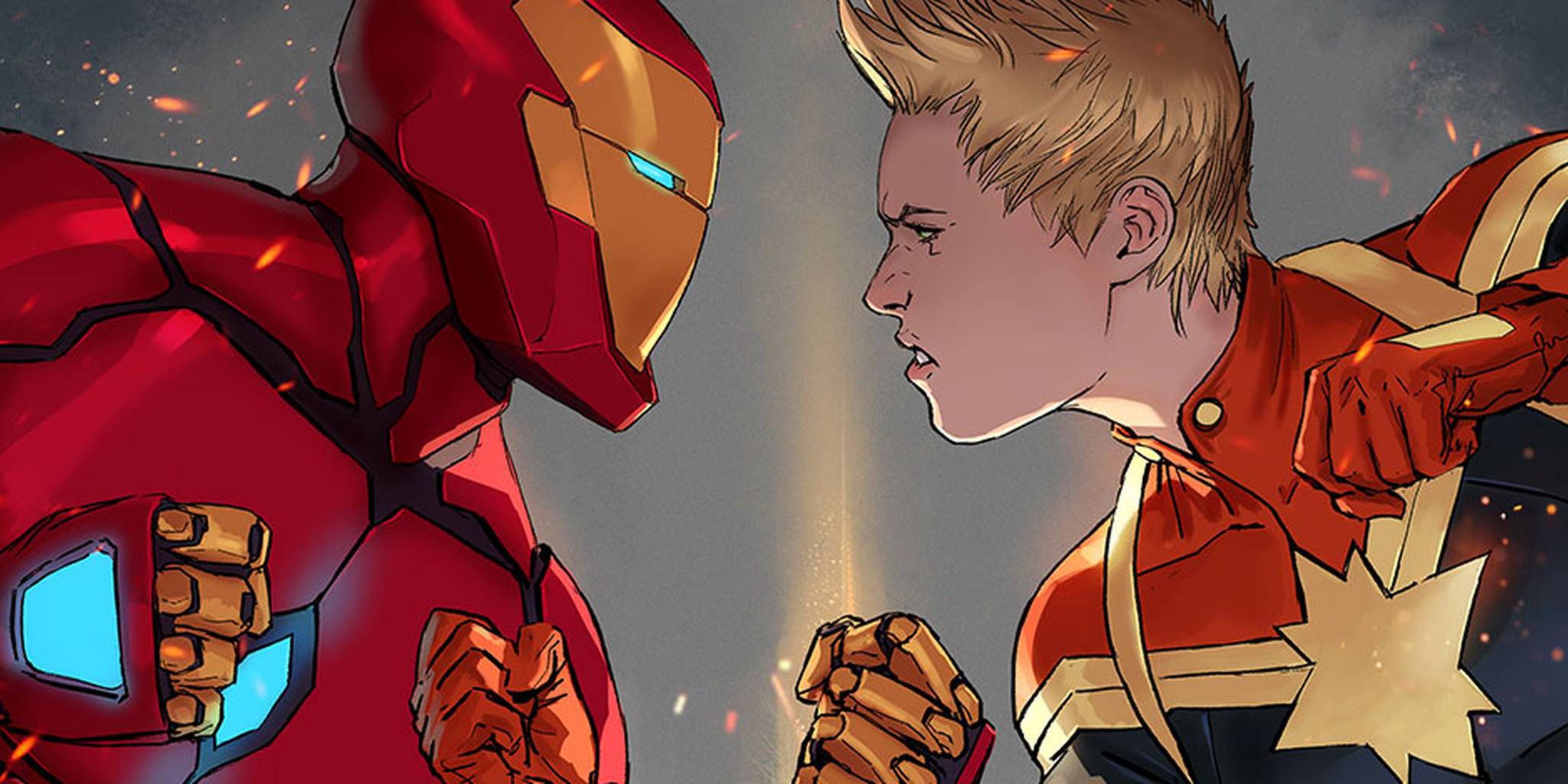 civil-war-ii Iron Man And Captain Marvel Staring Each Other Down