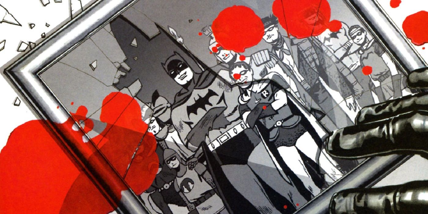 A blood soaked picture of Batman and the Club of Heroes from DC Comics