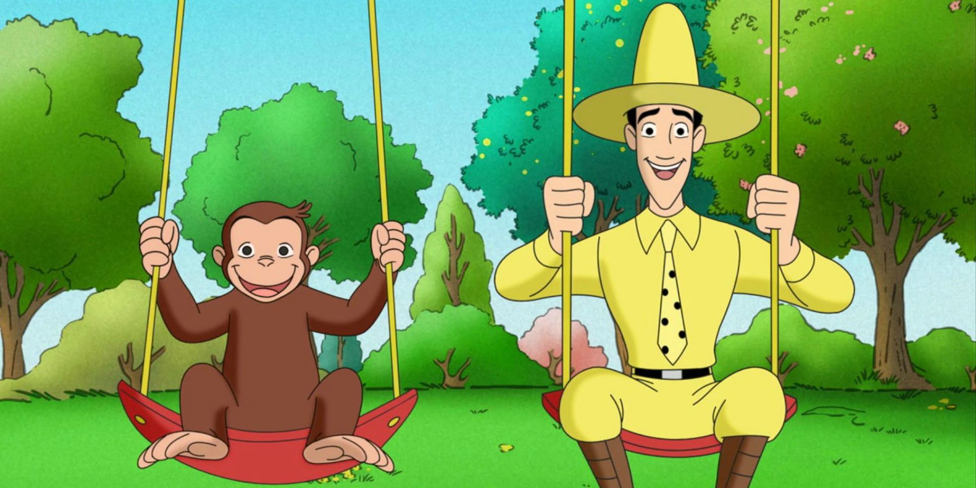 George and the man in the yellow hat on swings in Curious George